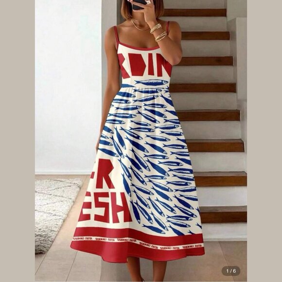 Women Fit & Flare Dress Size S Print Sardines Blue Red Square Neck Sleeveless - Picture 4 of 11